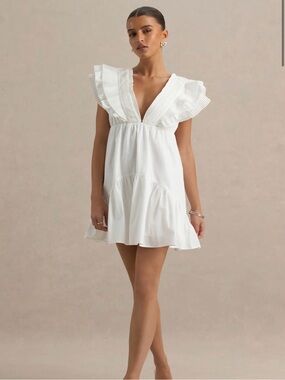 Club L London White Pleated Ruffle V-Neck Dress